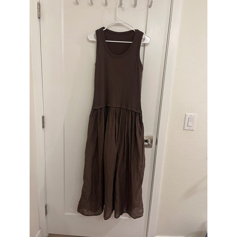 Italian Cotton Brown Drop Waist Maxi Dress Cottagecore Minimalist Chic